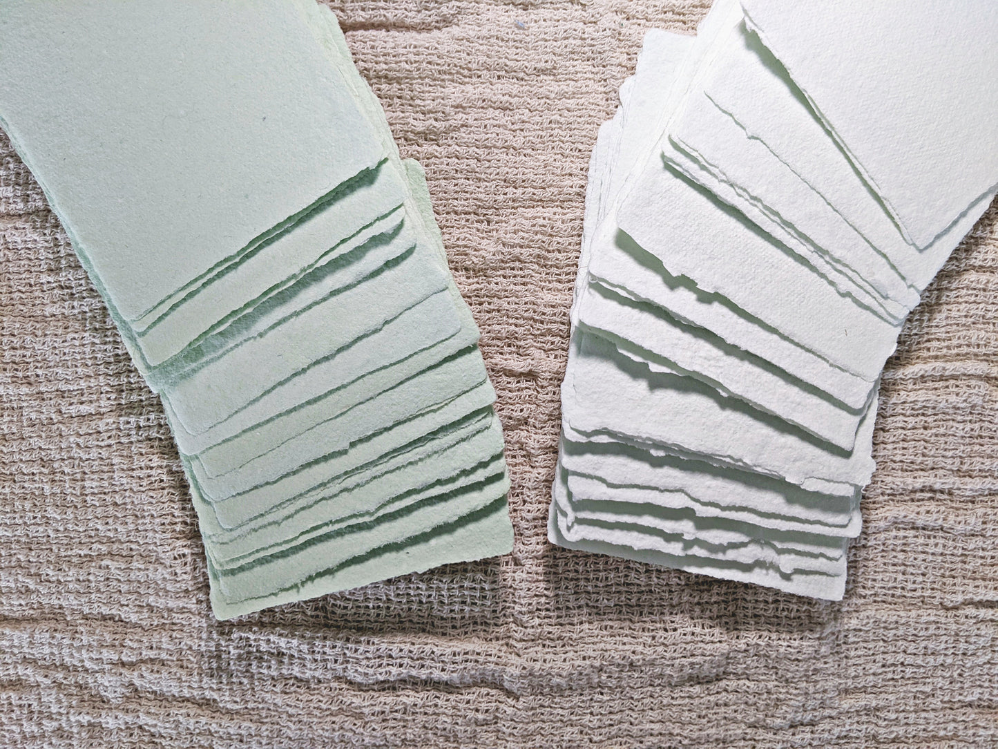 Handmade cotton paper | tiny green paper | pretty stationery | scrapbook supplies | deckled edge paper | small batch pastel notecard papers