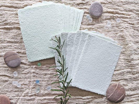 Handmade cotton paper | tiny green paper | pretty stationery | scrapbook supplies | deckled edge paper | small batch pastel notecard papers