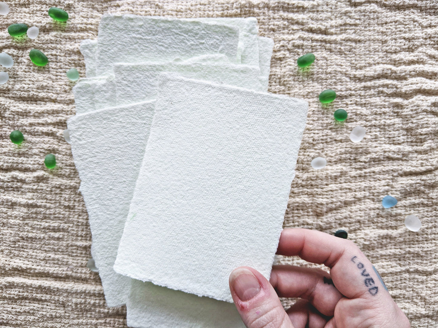 Handmade cotton paper | tiny green paper | pretty stationery | scrapbook supplies | deckled edge paper | small batch pastel notecard papers